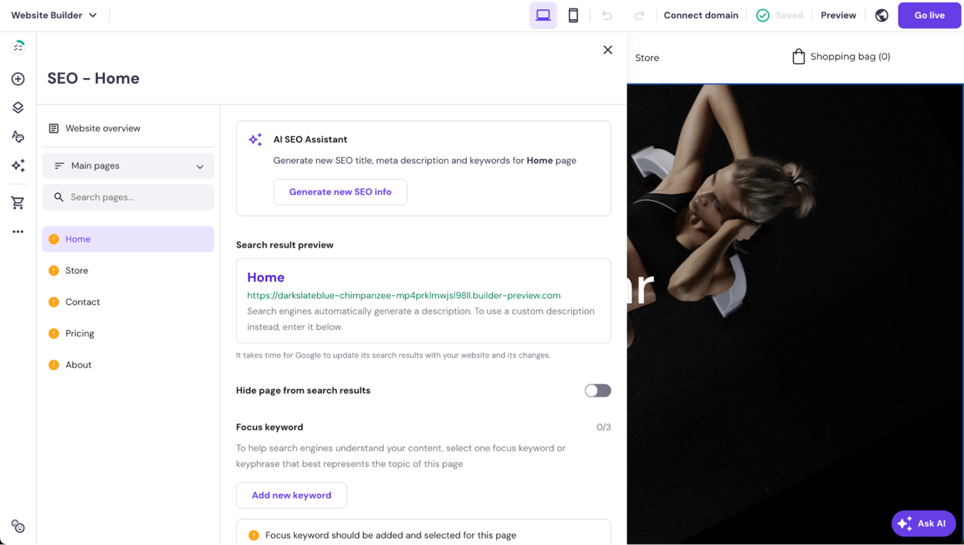 Hostinger Website Builder interface with the SEO panel open showing AI SEO Assistant, search results preview and other SEO options