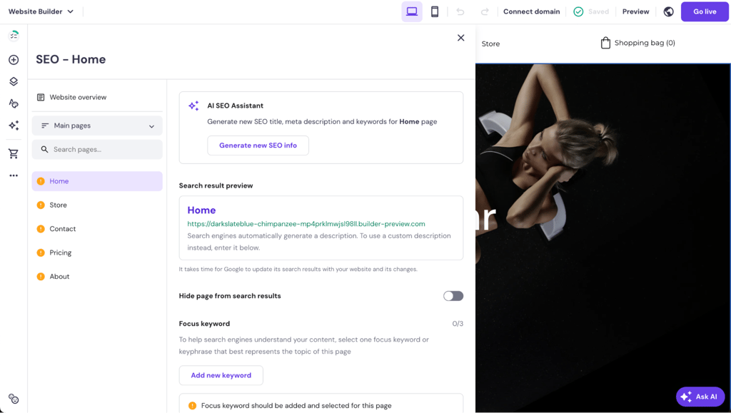 Hostinger Website Builder interface with the SEO panel open showing AI SEO Assistant, search results preview and other SEO options