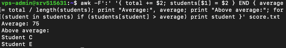 awk prints average score and students with the higher-than-average score