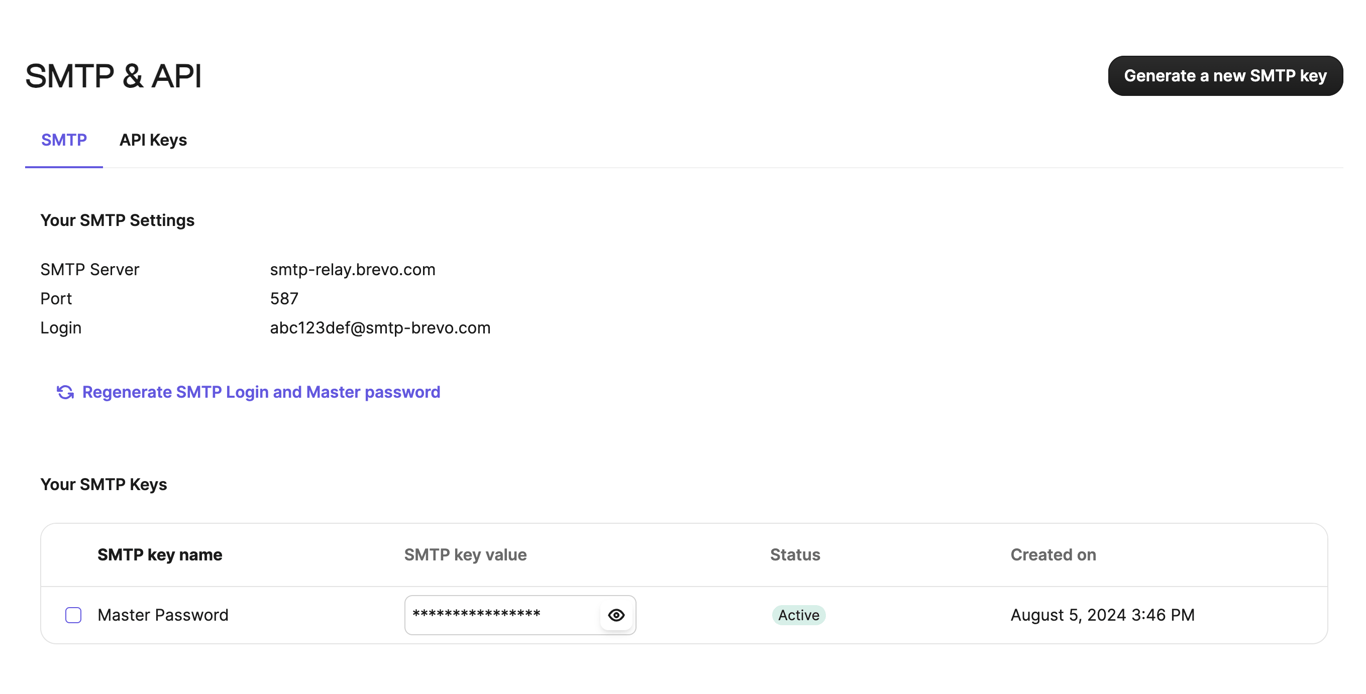 Brevo's SMTP & API menu