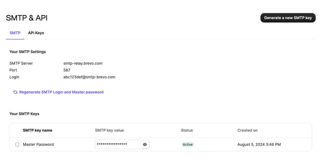 Brevo's SMTP & API menu