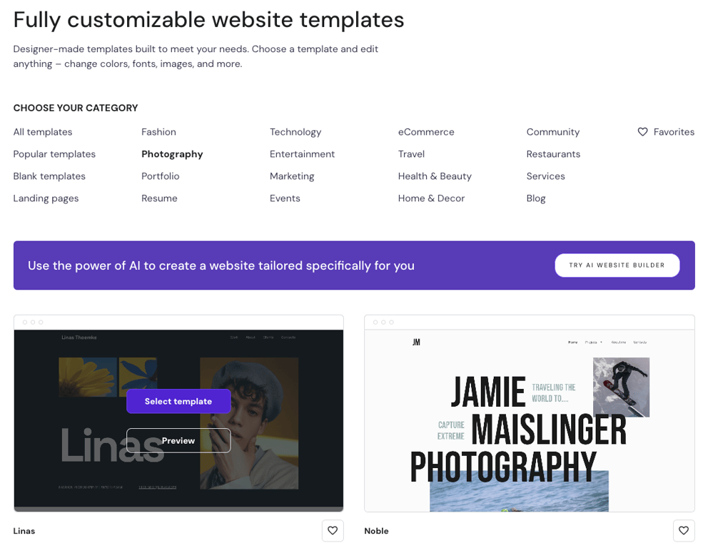Hostinger Website Builder interface showing template selection screen with various layout options