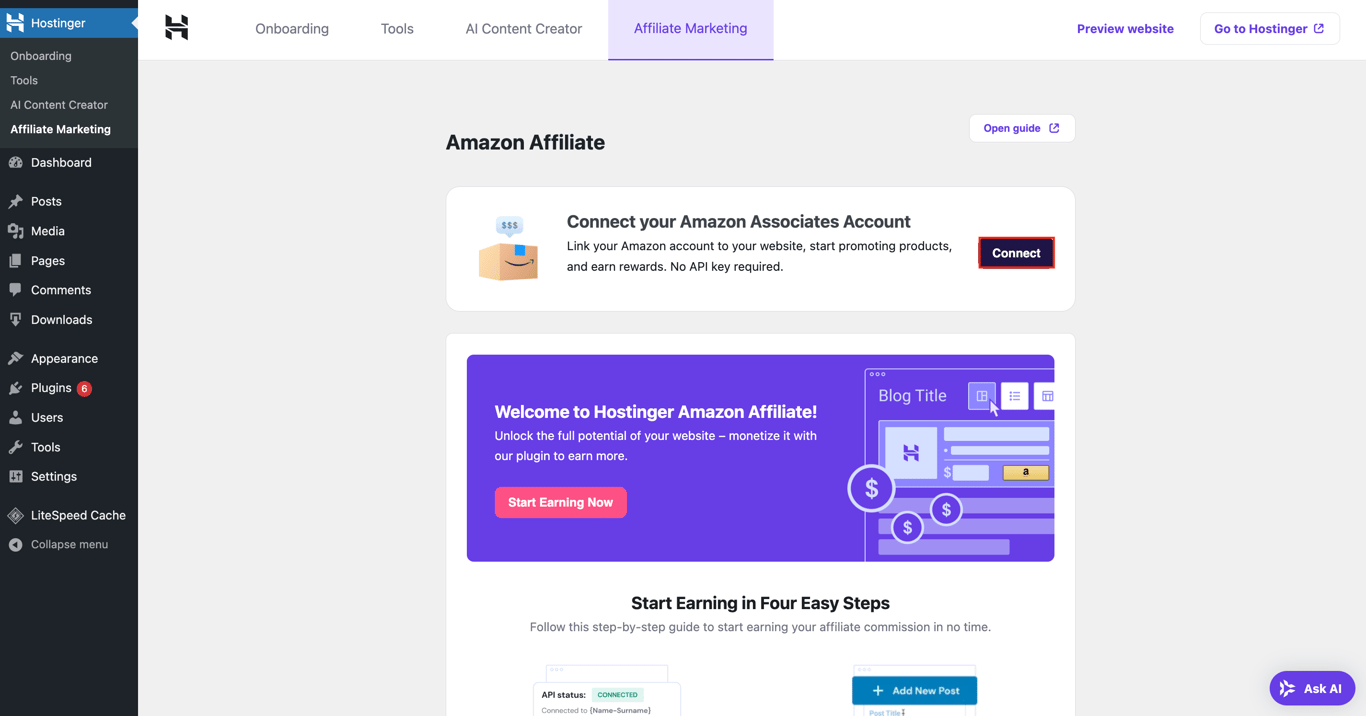 The Connect button on the Hostinger Affiliate Marketing Tools WordPress plugin dashboard