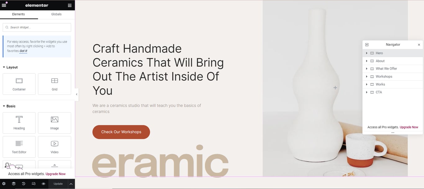 Elementor's page editor interface