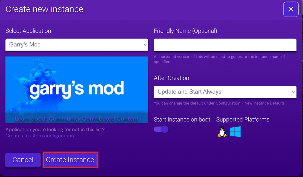 GMod instance creation screen in Game Panel
