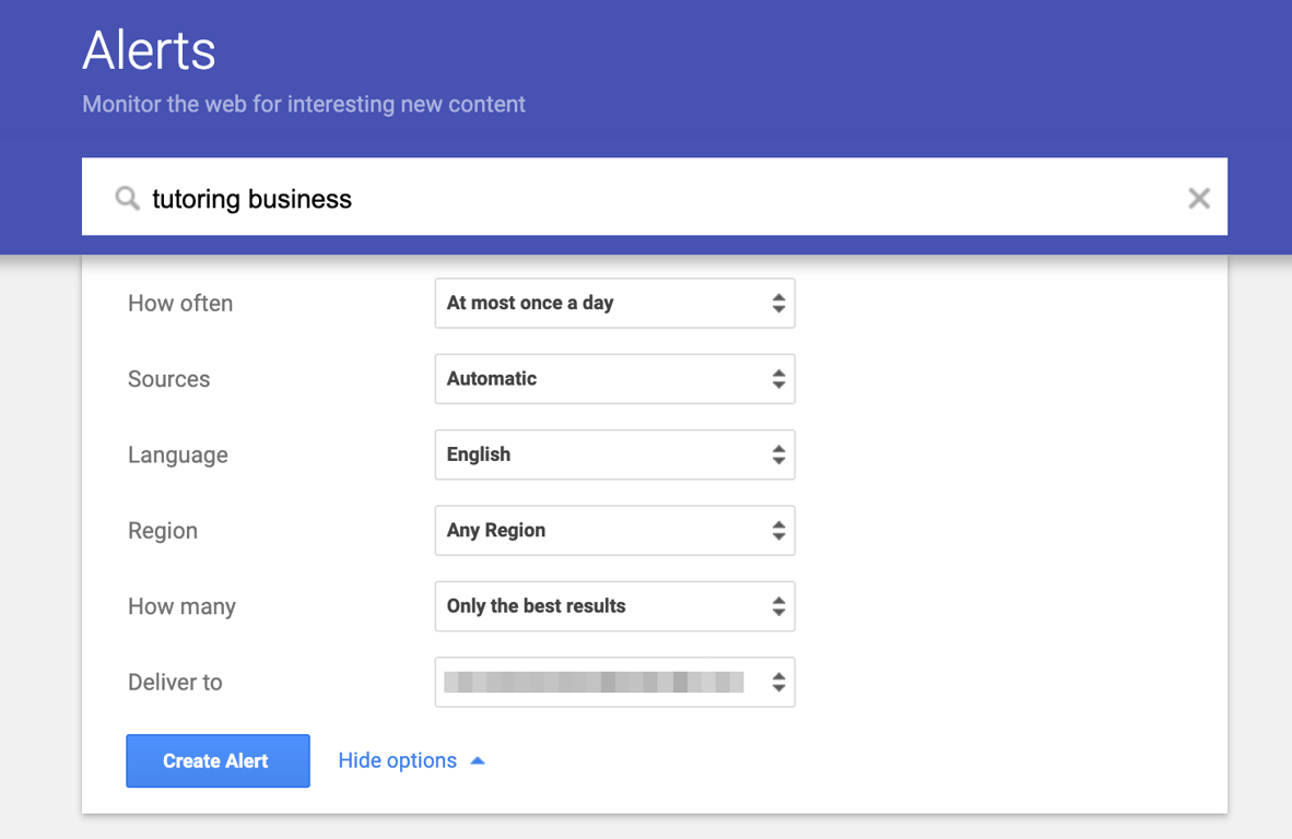 Google Alerts filter options