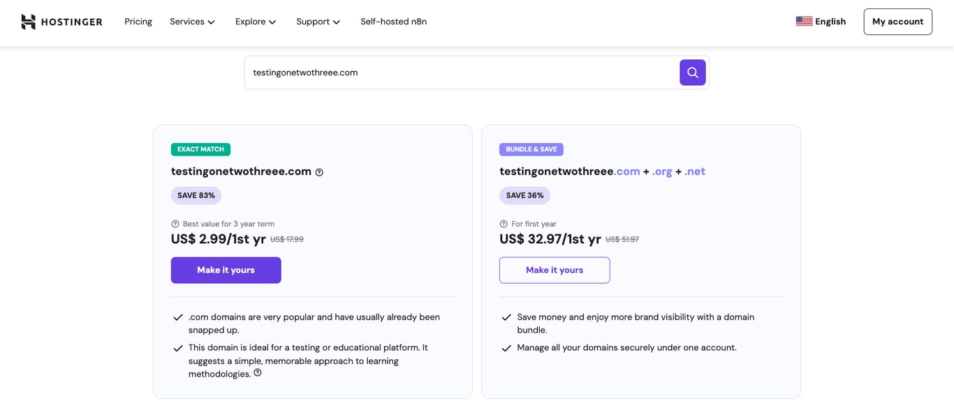 Hostinger domain search showing individual and bundled pricing options