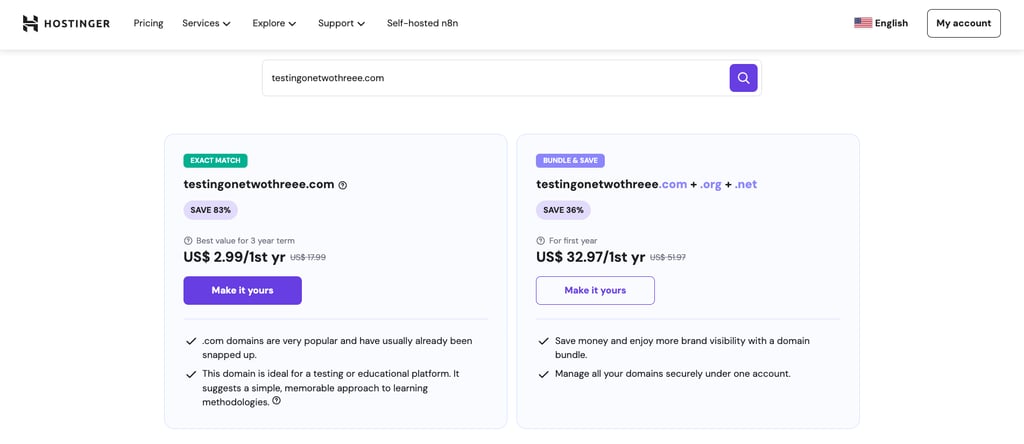 Hostinger domain search showing individual and bundled pricing options