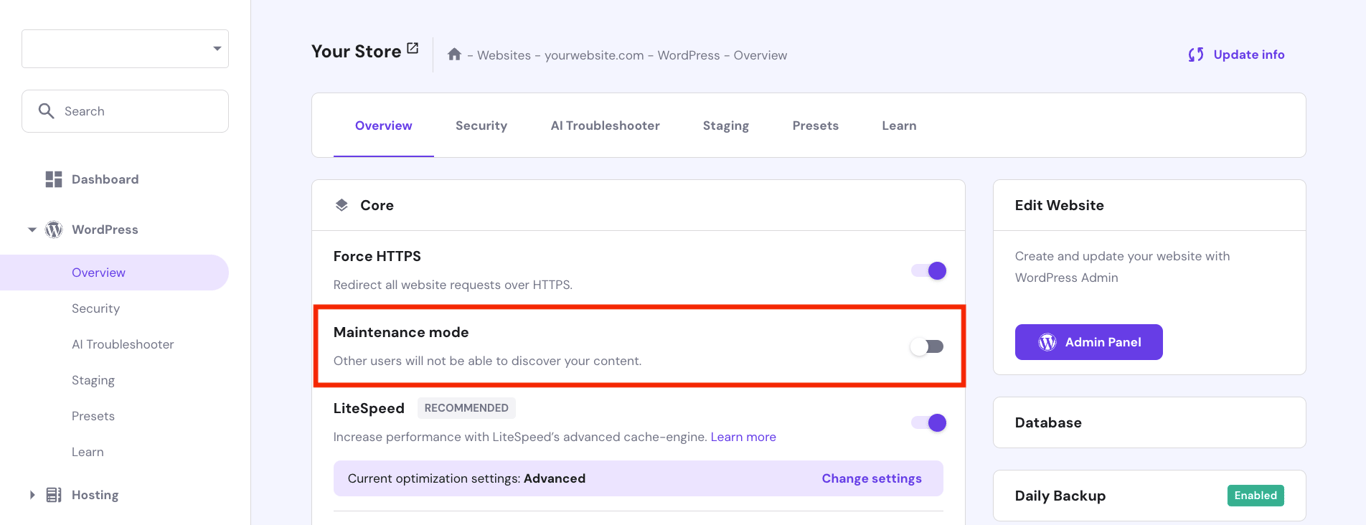 WordPress maintenance mode in Hostinger hPanel