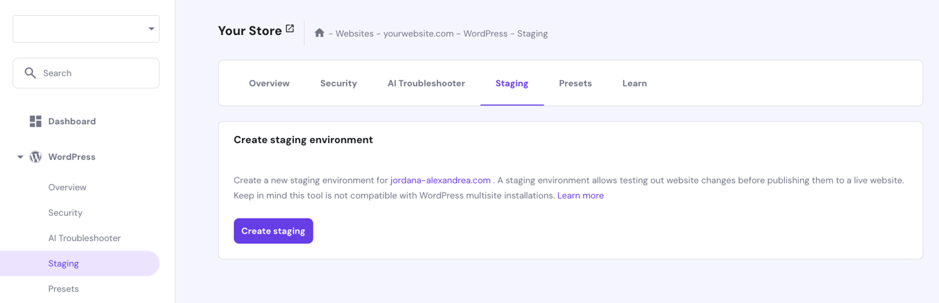 WordPress staging tool in Hostinger hPanel