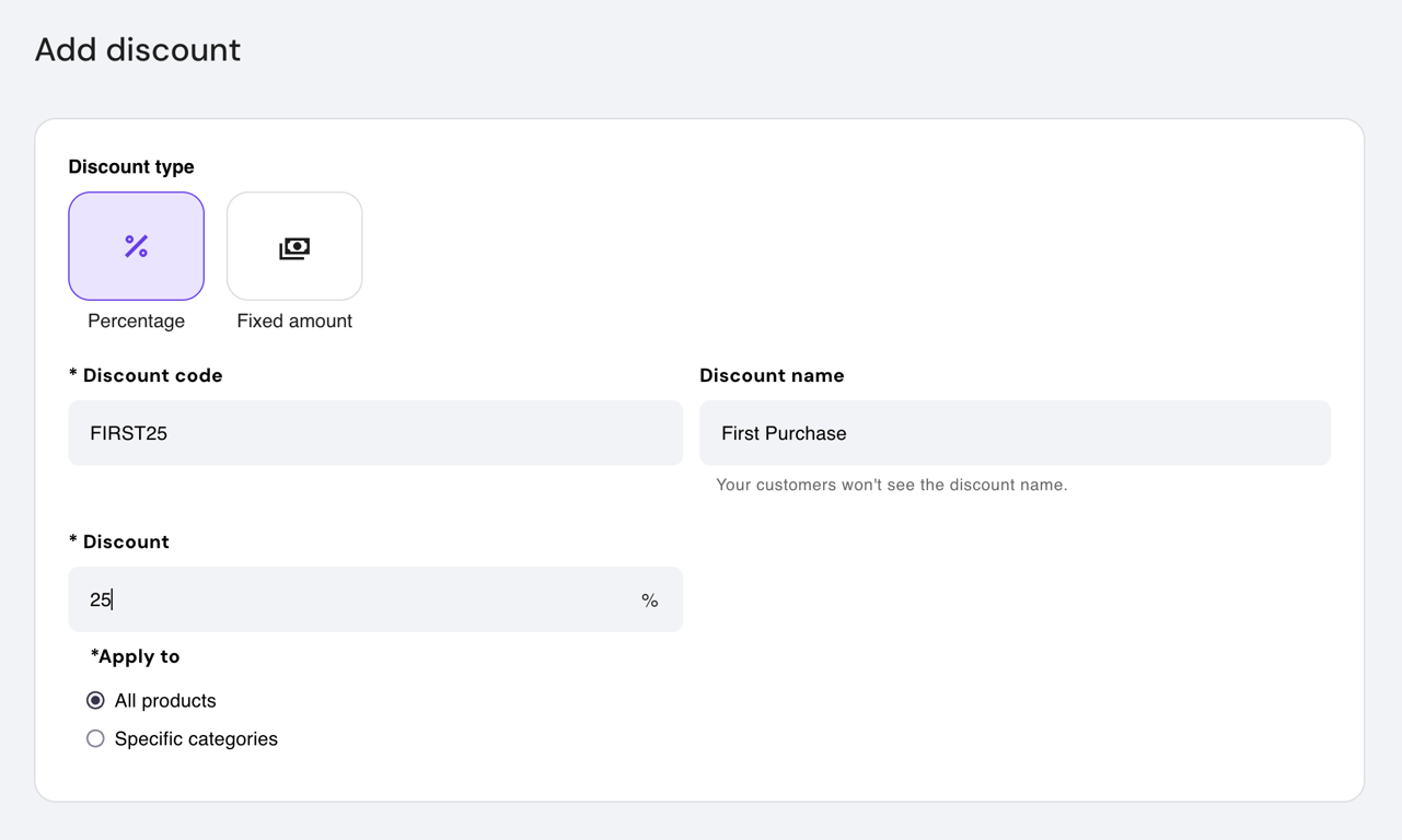 Hostinger Website Builder store manager Add discount page upper section