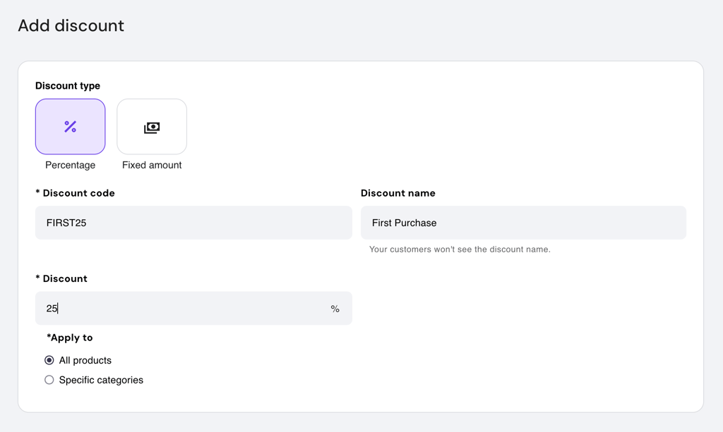 Hostinger Website Builder store manager Add discount page upper section