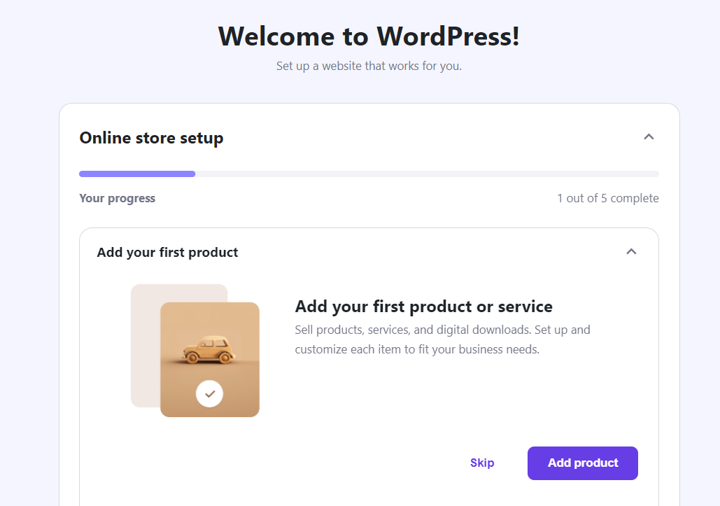 The Add your first product menu in Hostinger's Easy Onboarding for WooCommerce
