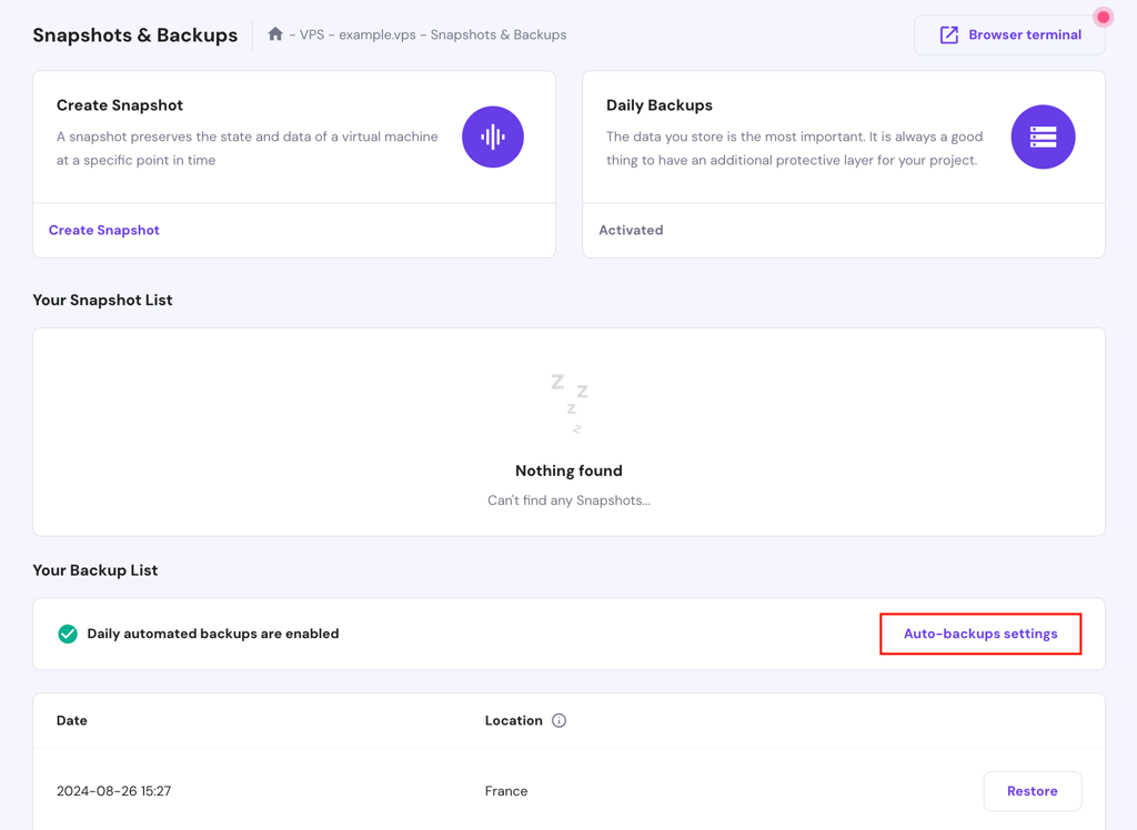 The Auto-backups settings button in hPanel's Snapshots & Backups feature