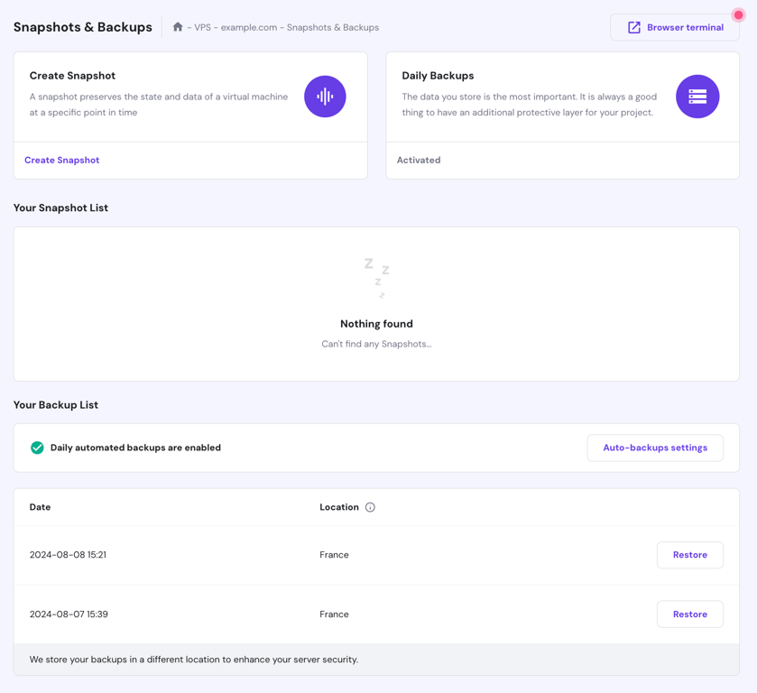 Hostinger VPS' snapshot and backup features
