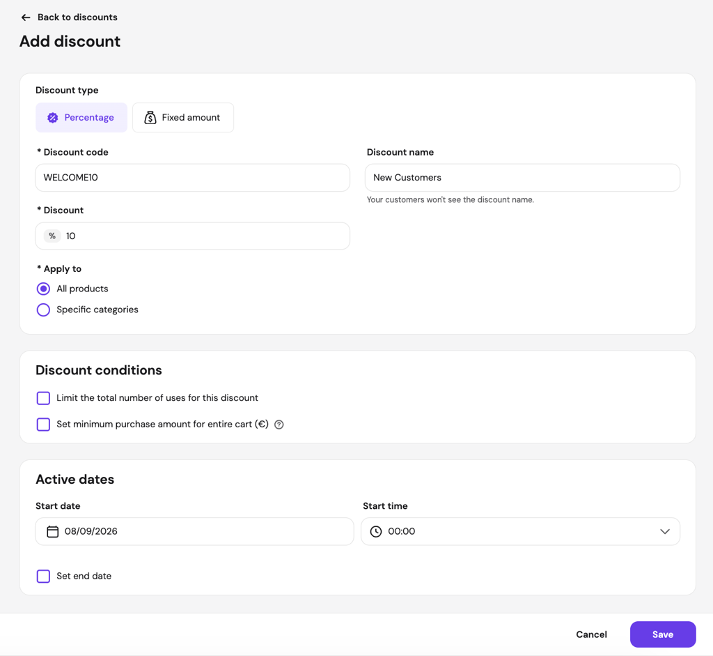 hostinger-ecommerce-add-discount The Add discount form in Hostinger Ecommerce, showing a percentage discount code (WELCOME10) set to 10% off, applied to all products, with optional conditions for usage limits and minimum cart value, and an active date starting 08/09/2026.