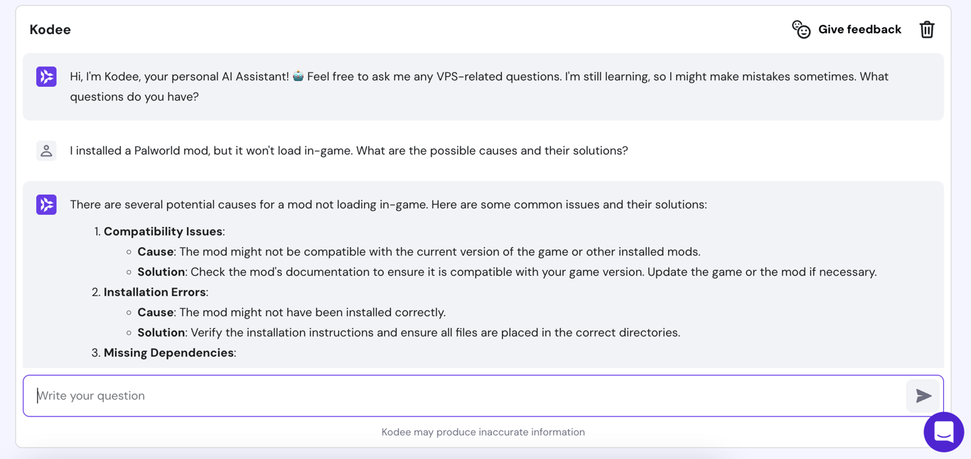 The chat window for Kodee, the AI assistant, responding to a question about Palworld mods