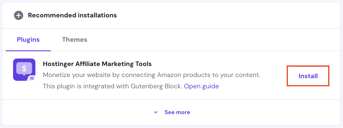 The Hostinger Affiliate Marketing Tools plugin's Install button in hPanel