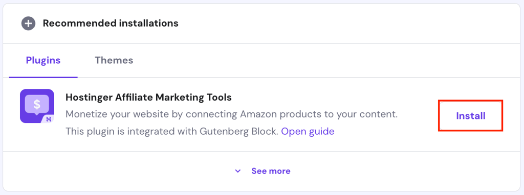 The Hostinger Affiliate Marketing Tools plugin's Install button in hPanel