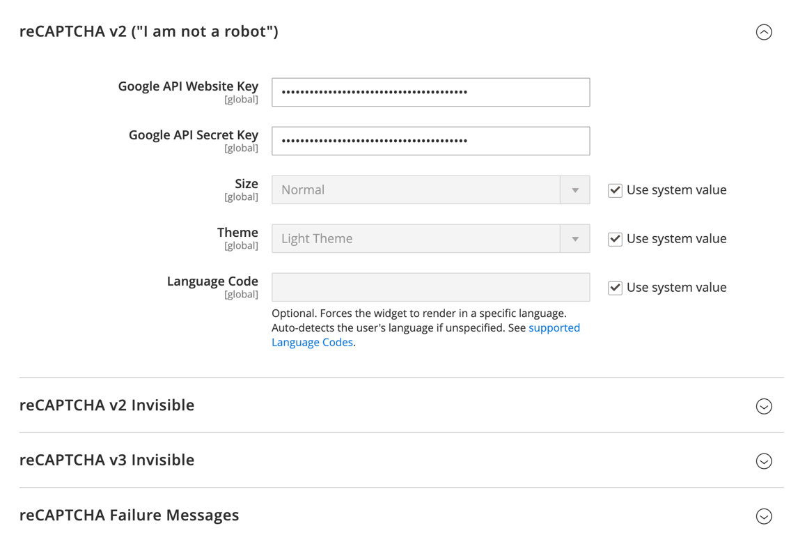 Magento's reCAPTCHA v2 ("I am not a robot") options
