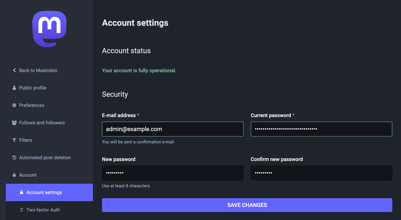 Mastodon's Account settings menu