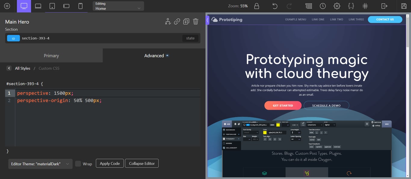 The custom CSS editor interface in the Oxygen page builder