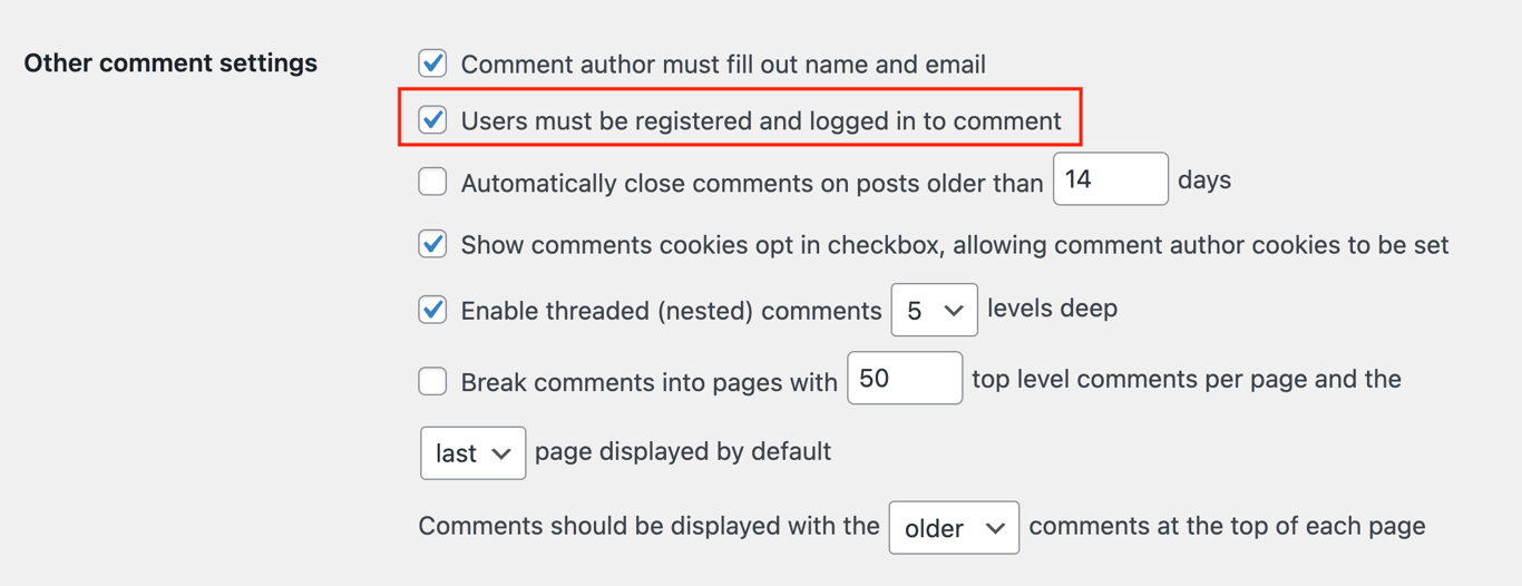 WordPress comment settings, highlighting the option to allow comments from registered users only