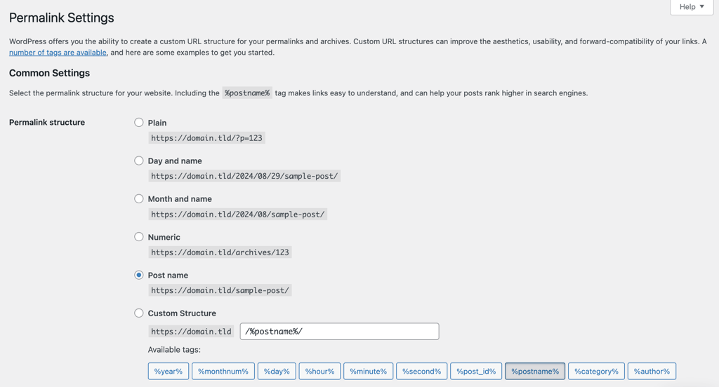 The Permalink Settings page in WordPress