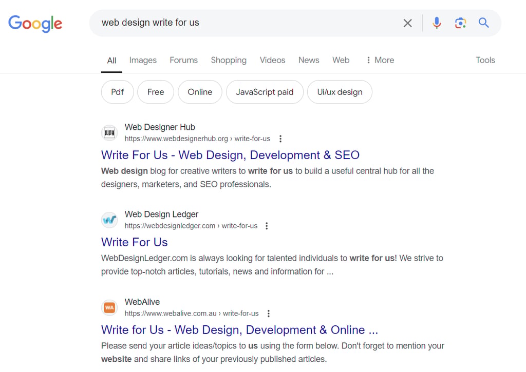 A Google search to look for guest posting opportunities