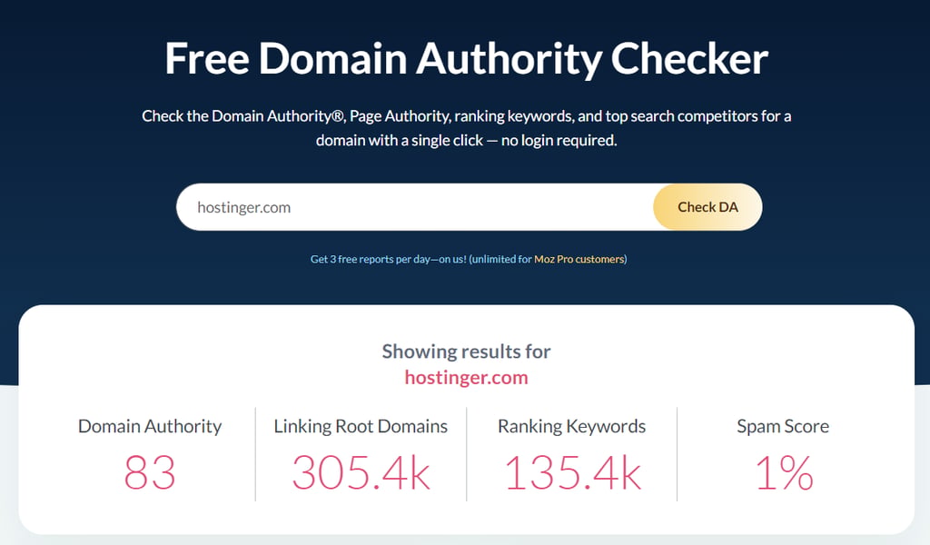 Moz Domain Authority Checker, showing the domain authority of Hostinger