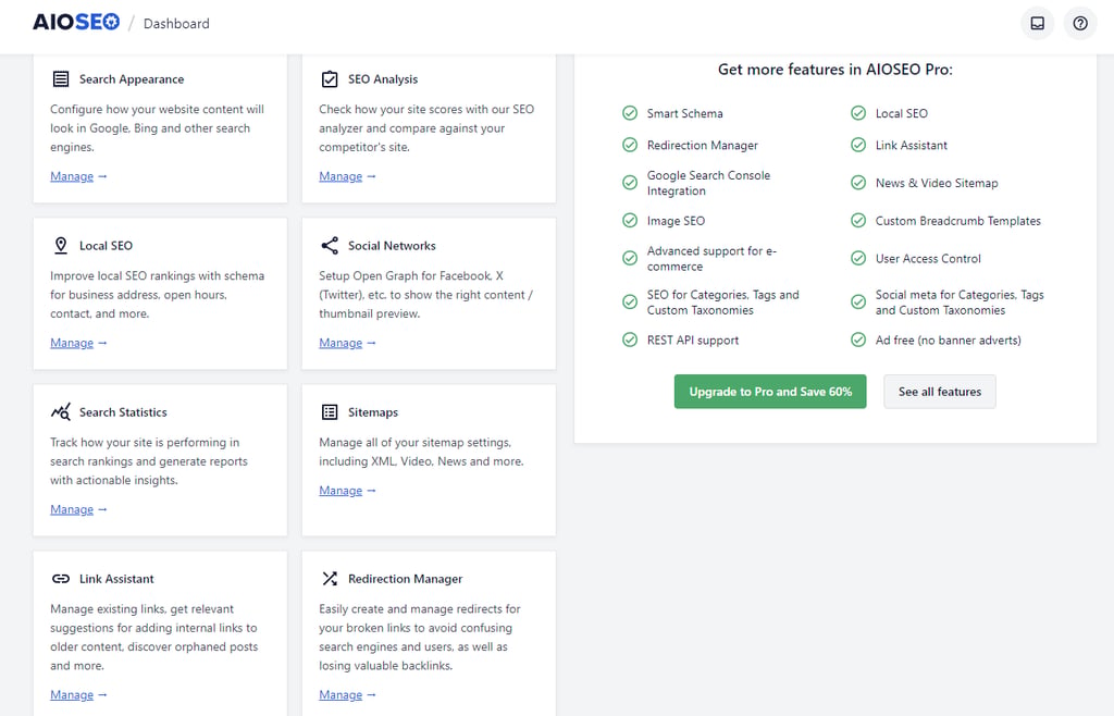 The AIOSEO dashboard in WordPress