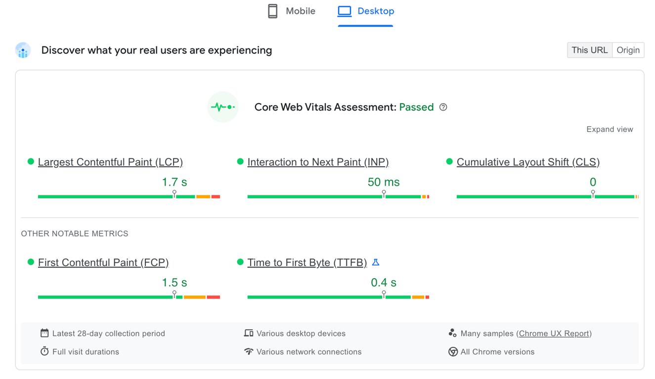 The Core Web Vitals report on PageSpeed Insights