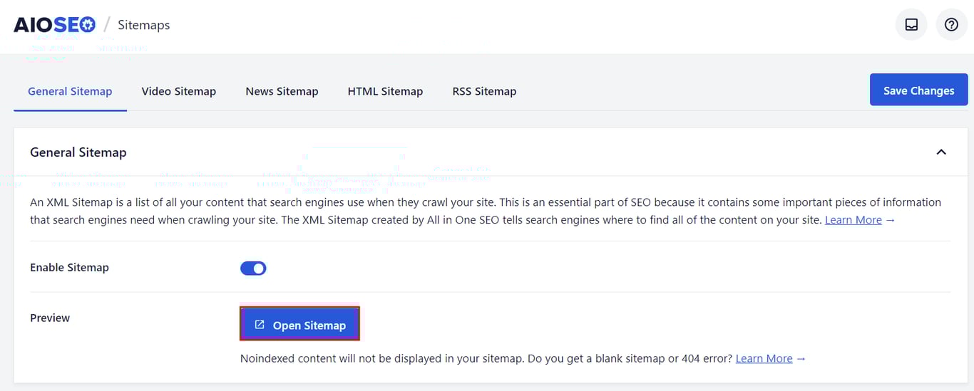 The General Sitemap settings in the AIOSEO dashboard