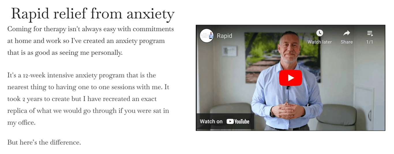 Product page of Anxiety Breakthrough, showing details and explanation video
