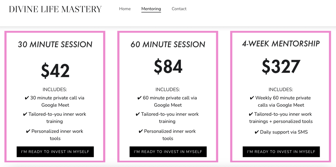 Product page of Divine Life Mastery, showing different pricing plans