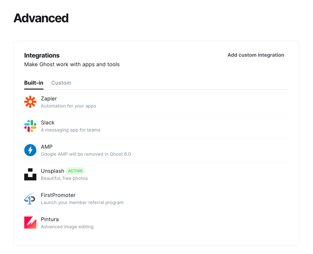 Ghost advanced integrations built in selected