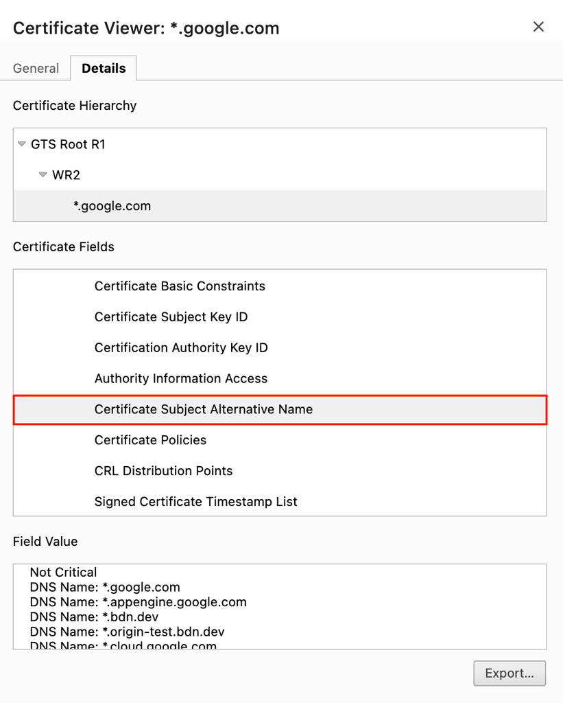 The Certificate Subject Alternative Name field in the Certificate Viewer window of Google Chrome
