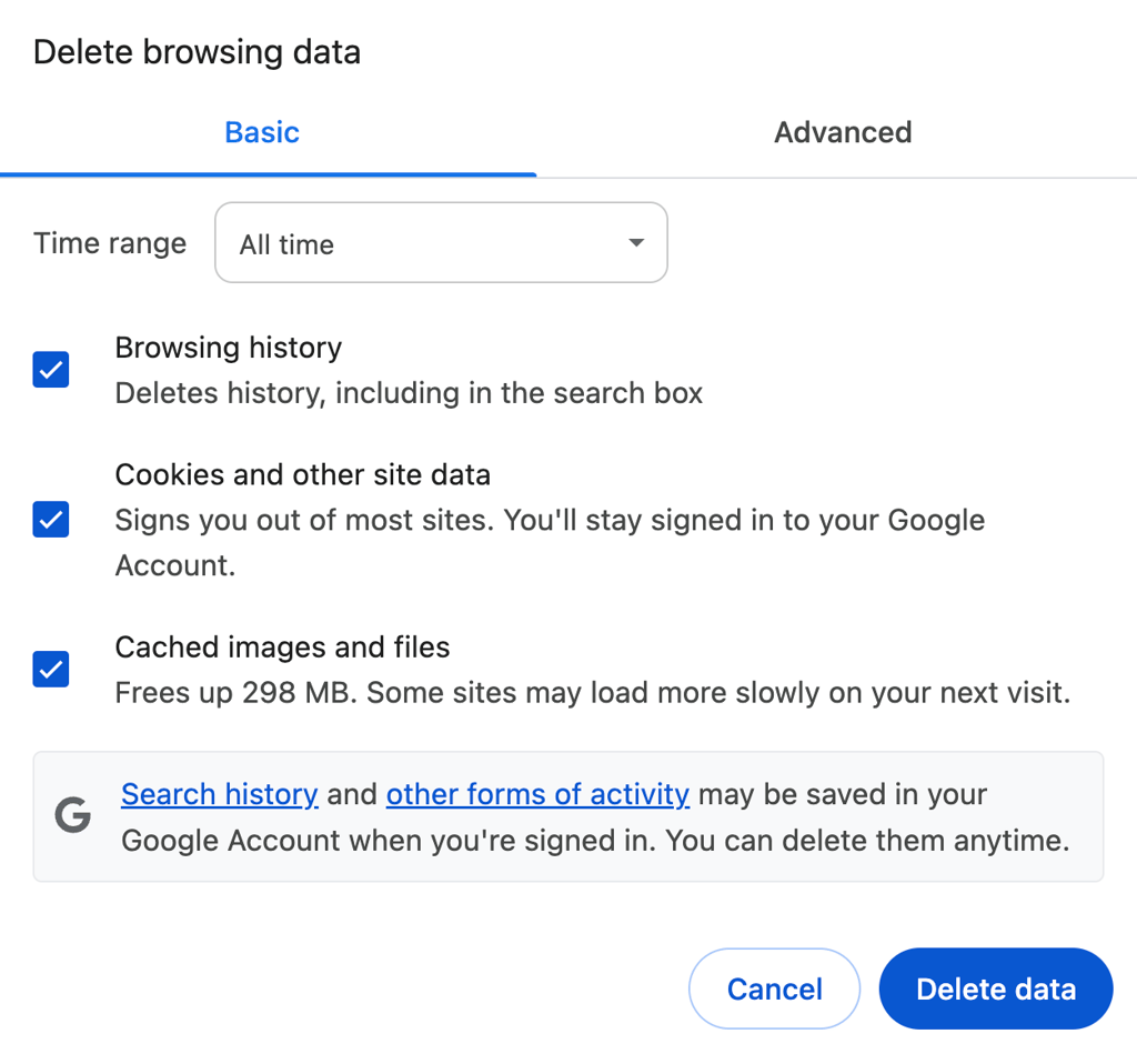Google Chrome's Delete browsing data menu with the Basic tab selected