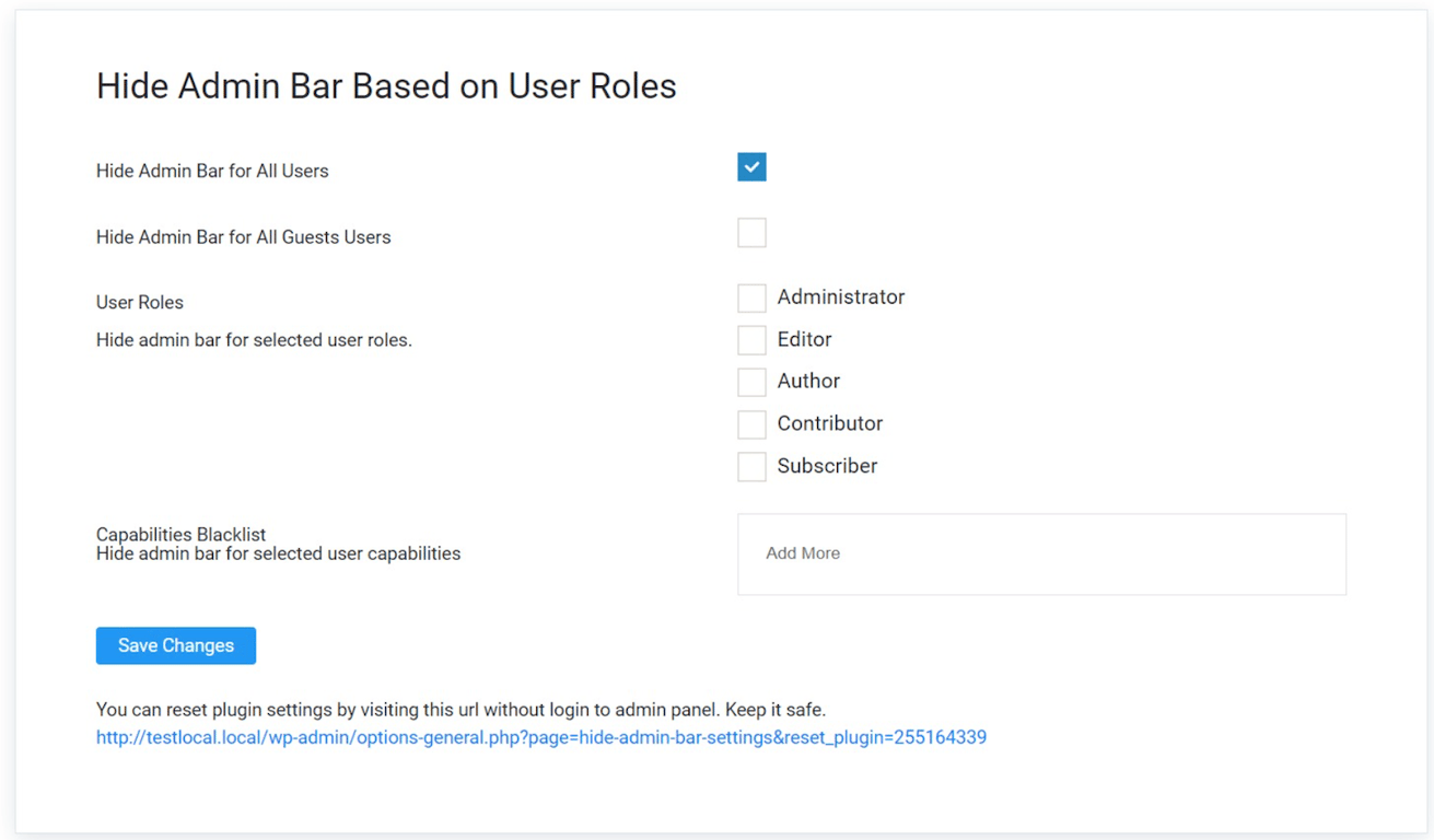 Hide Admin Bar Based on User Roles Settings page