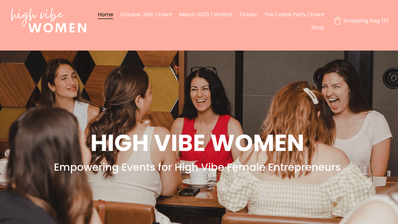Homepage of High Vibe Women, networking events for female entrepreneurs