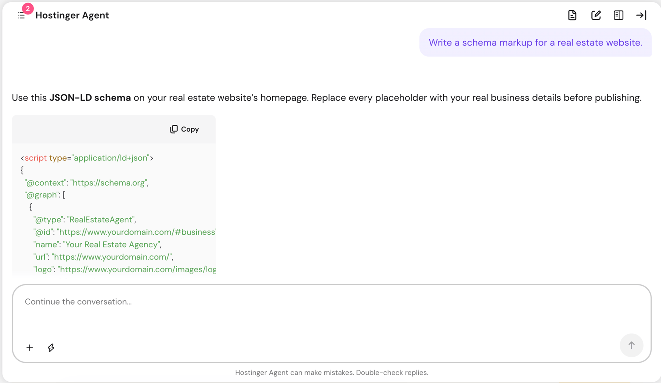 Hostinger Agent chat generating a JSON-LD schema markup for a real estate website, with a copyable code block using RealEstateAgent structured data