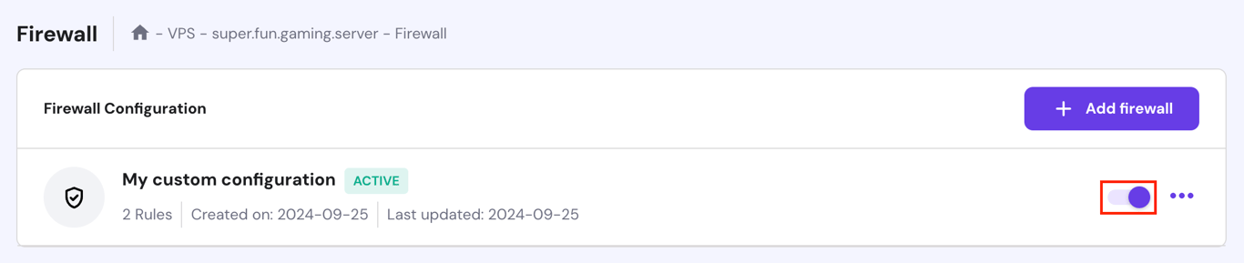 Activating the new firewall configuration in hPanel's VPS