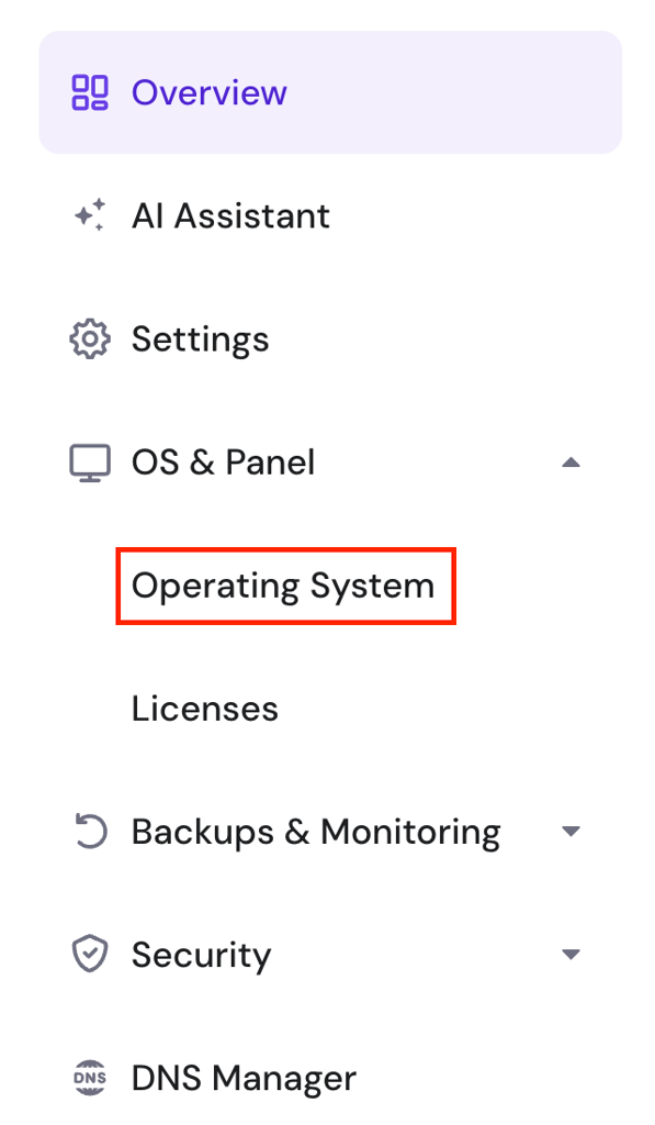 hPanel VPS operating system highlighted