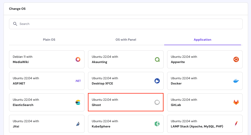 hPanel VPS ubuntu 22 0 4 with ghost highlighted
