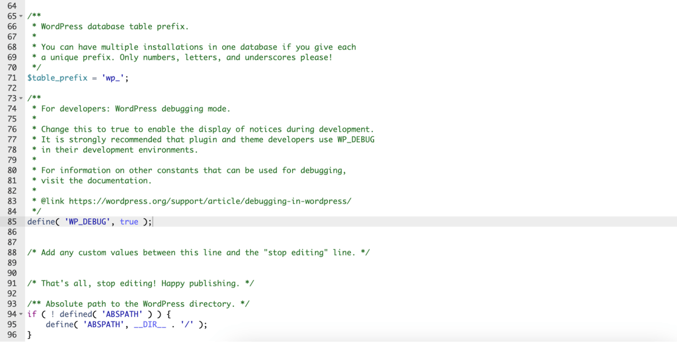 WP_DEBUG line placed in the wp-config.php file