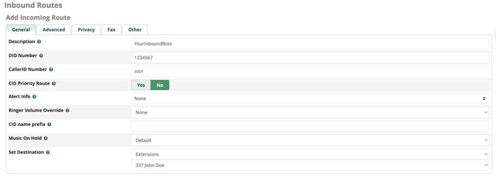 Inbound route configuration page on FreePBX dashboard