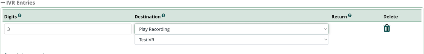 IVR entries configuration menu on FreePBX dashboard