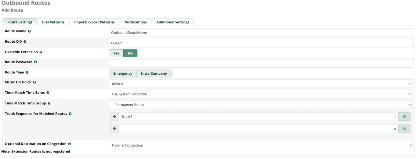 Outbound route configuration page on FreePBX dashboard