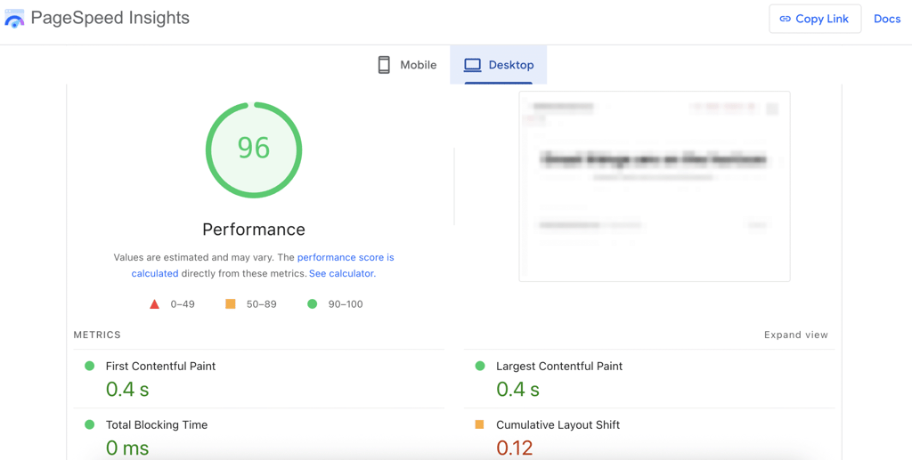 The PageSpeed Insights WooCommerce store performance analysis result