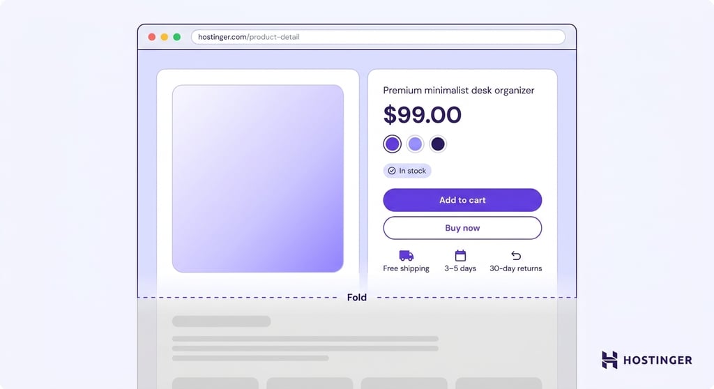 E-commerce product page layout showing the above-fold zone with hero image, product name, price, variant selectors, stock badge, CTA buttons, and shipping/returns summary, separated from the below-fold area by a fold line.